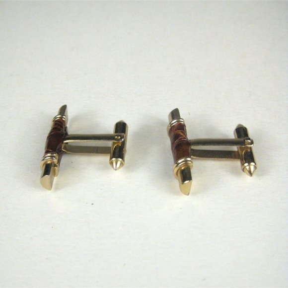 Leather Goldtone Set 2 Cufflink Vintage Bullet MCM MOD Midcentury Modern - Picture 3 of 6